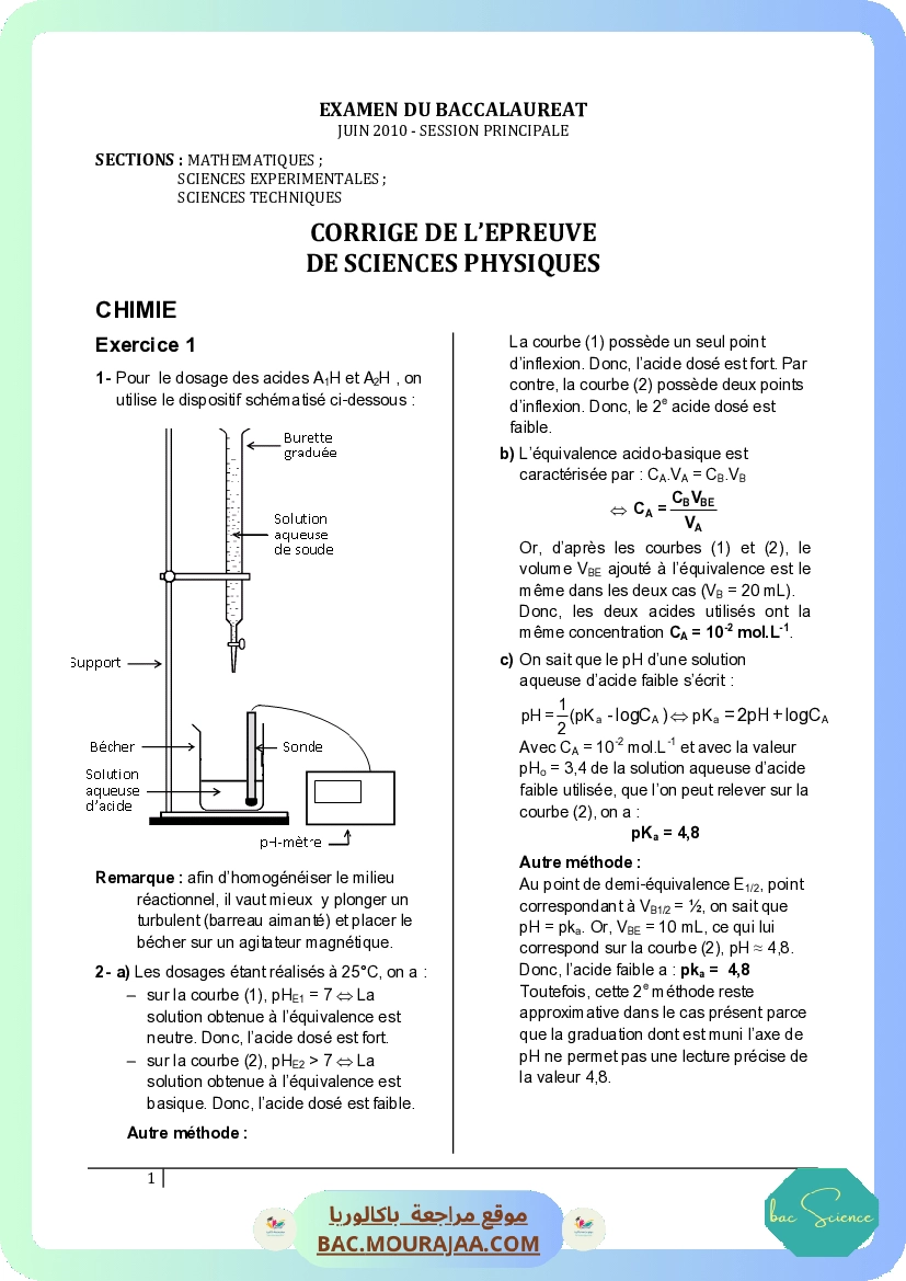 Corrigé principale physique Bac 2010 – Section science